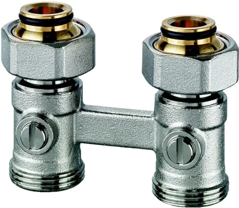 Verschraubung aus Metall mit zwei Anschlüssen, geeignet für Rohrverbindungen. Produkt von IMI Hydronic Engineering, erkennbar an der soliden Bauweise und den geschliffenen Oberflächen.